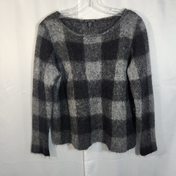 Eileen Fisher Size Small Charcoal and Light Gray Checkered Sweater - Picture 3 of 8